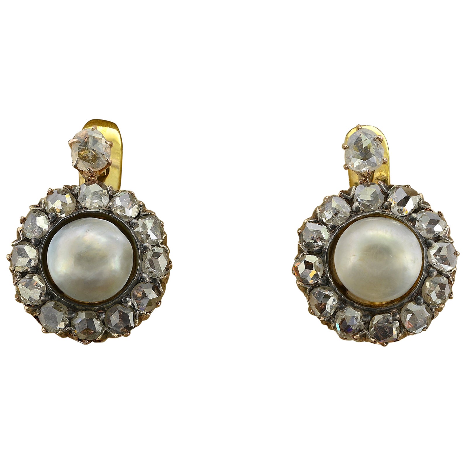 Viktorianisch 6,6 mm. Natürliche Perlen-Cluster-Ohrringe mit Diamanten im Rosenschliff 18 KT