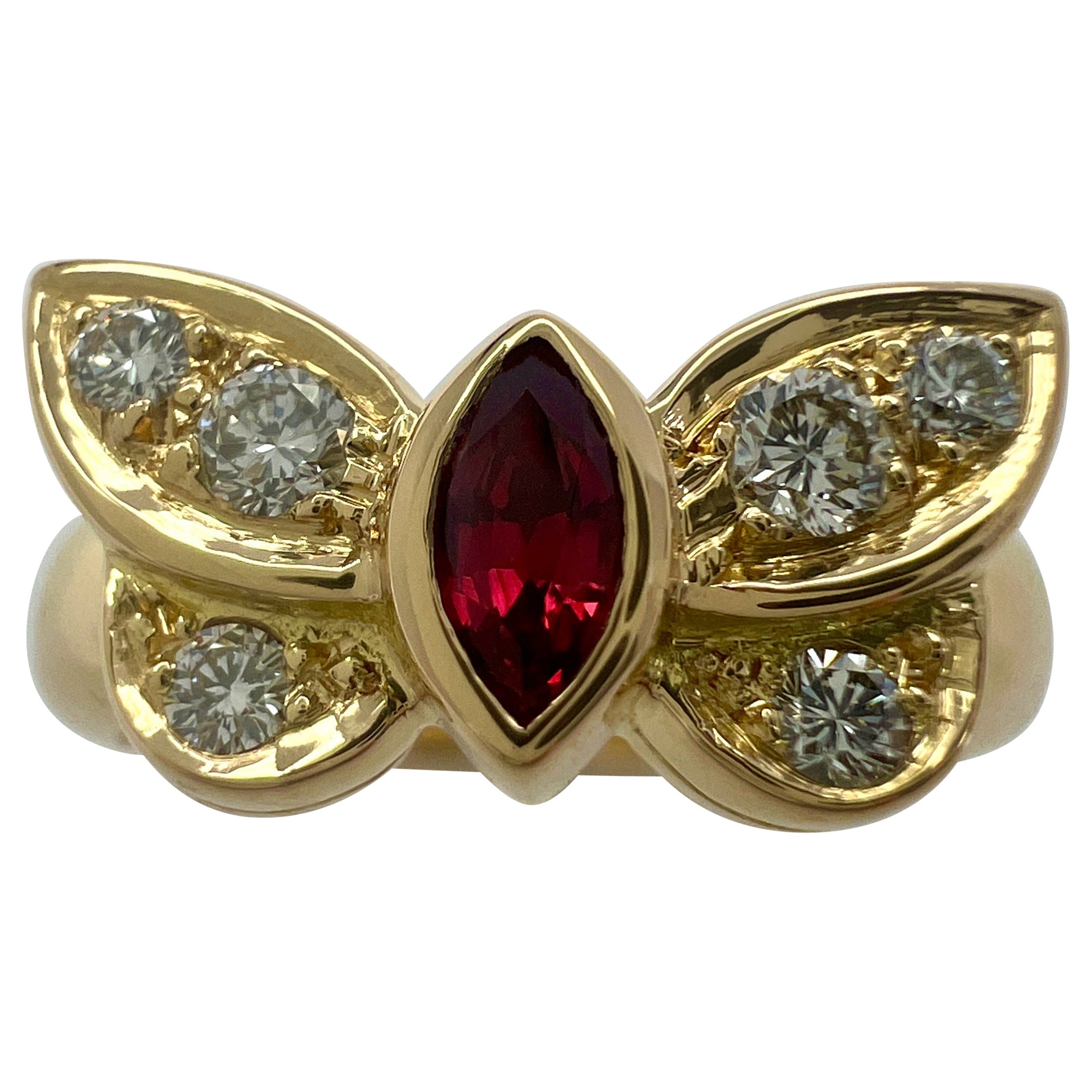 Rare Van Cleef & Arpels Fine Vivid Red Marquise Ruby & Diamond Butterfly Ring