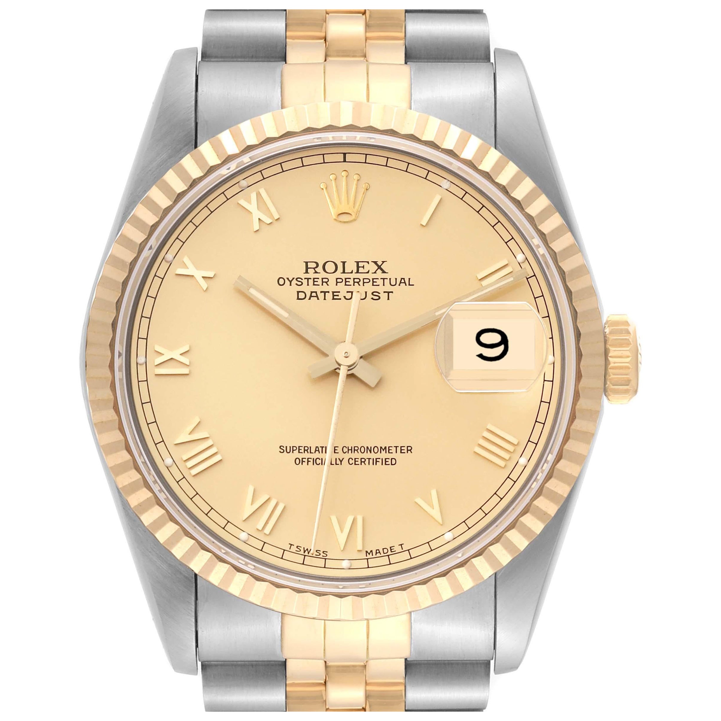 Rolex Montre Datejust en acier, or jaune et cadran champagne pour hommes 16233 en vente