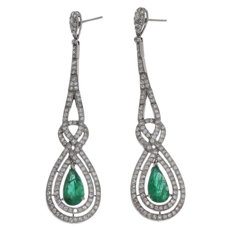 Emerald Diamond White Gold Dangle Earrings For Sale