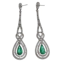 Antique Emerald Diamond White Gold Dangle Earrings