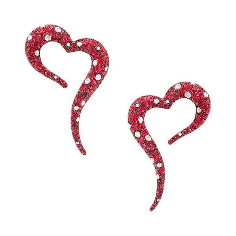 18 Karat Rose Gold, White Diamonds and Rubies Large Heart Shaped Earrings For Sale