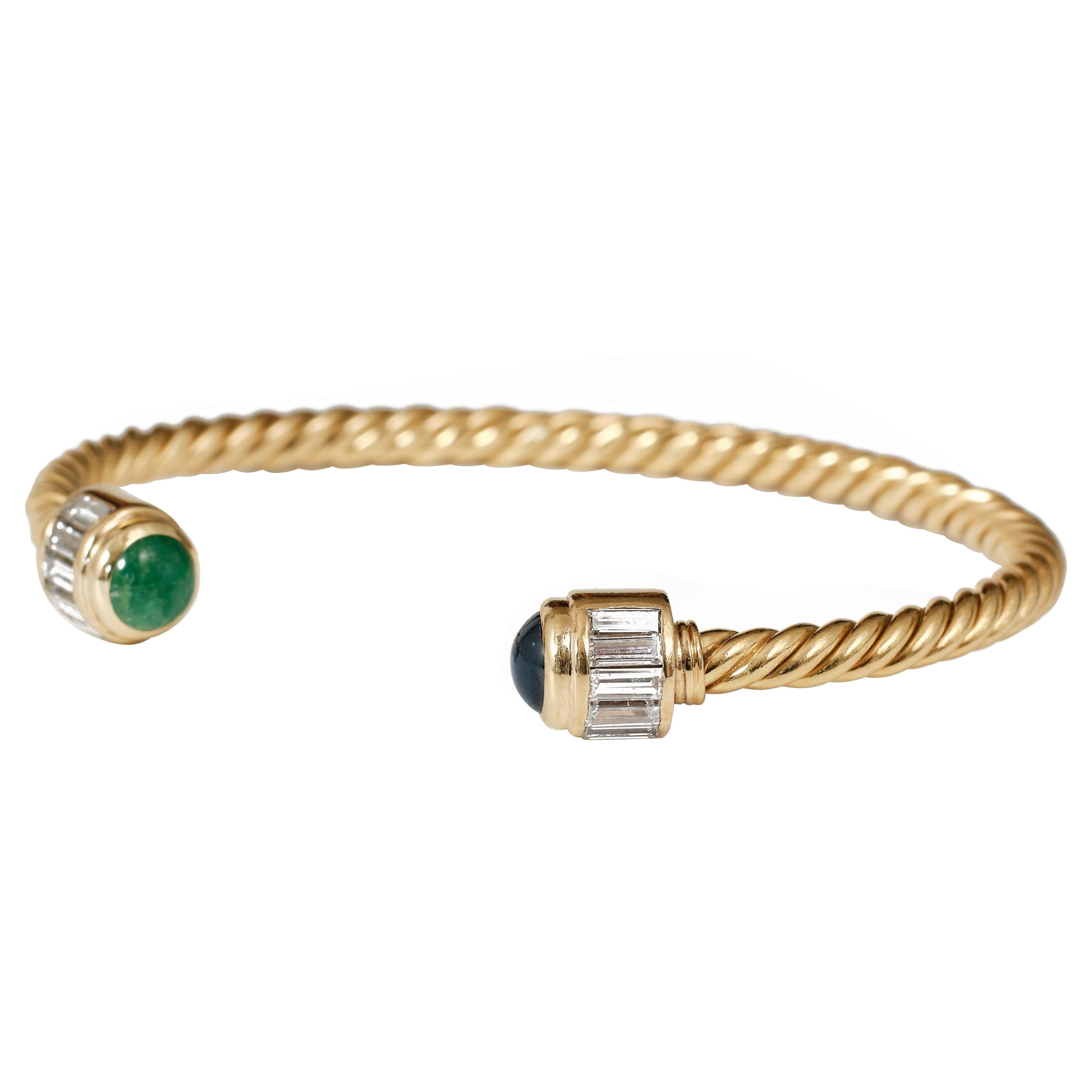 1970s Bvlgari emerald, sapphire and diamond 18k Yellow Gold "slave" bracelet For Sale