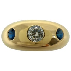 Vintage Cartier Diamond And Blue Sapphire 18k Yellow Gold Three Stone Dome Daphne Ring