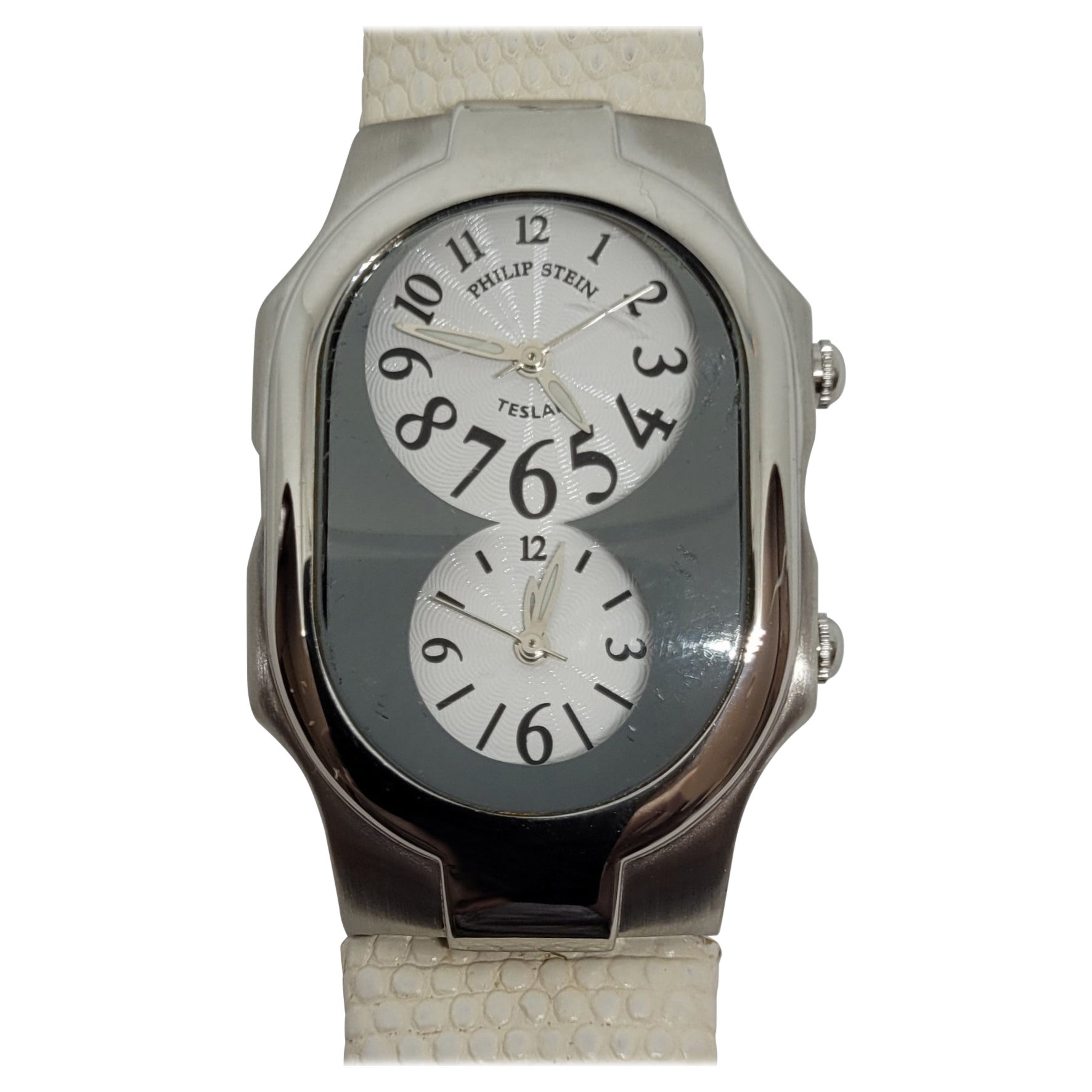 Philip Stein Watch Dual Teslar White Leather Stainless Steel Case 48mm x 30mm For Sale