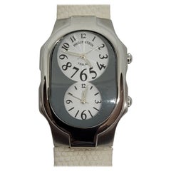 Philip Stein Watch Dual Teslar White Leather Stainless Steel Case 48mm x 30mm