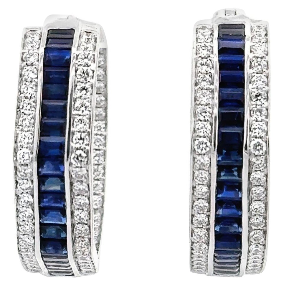 Sapphire & Diamond 18k White Gold Medium Round Hoops For Sale