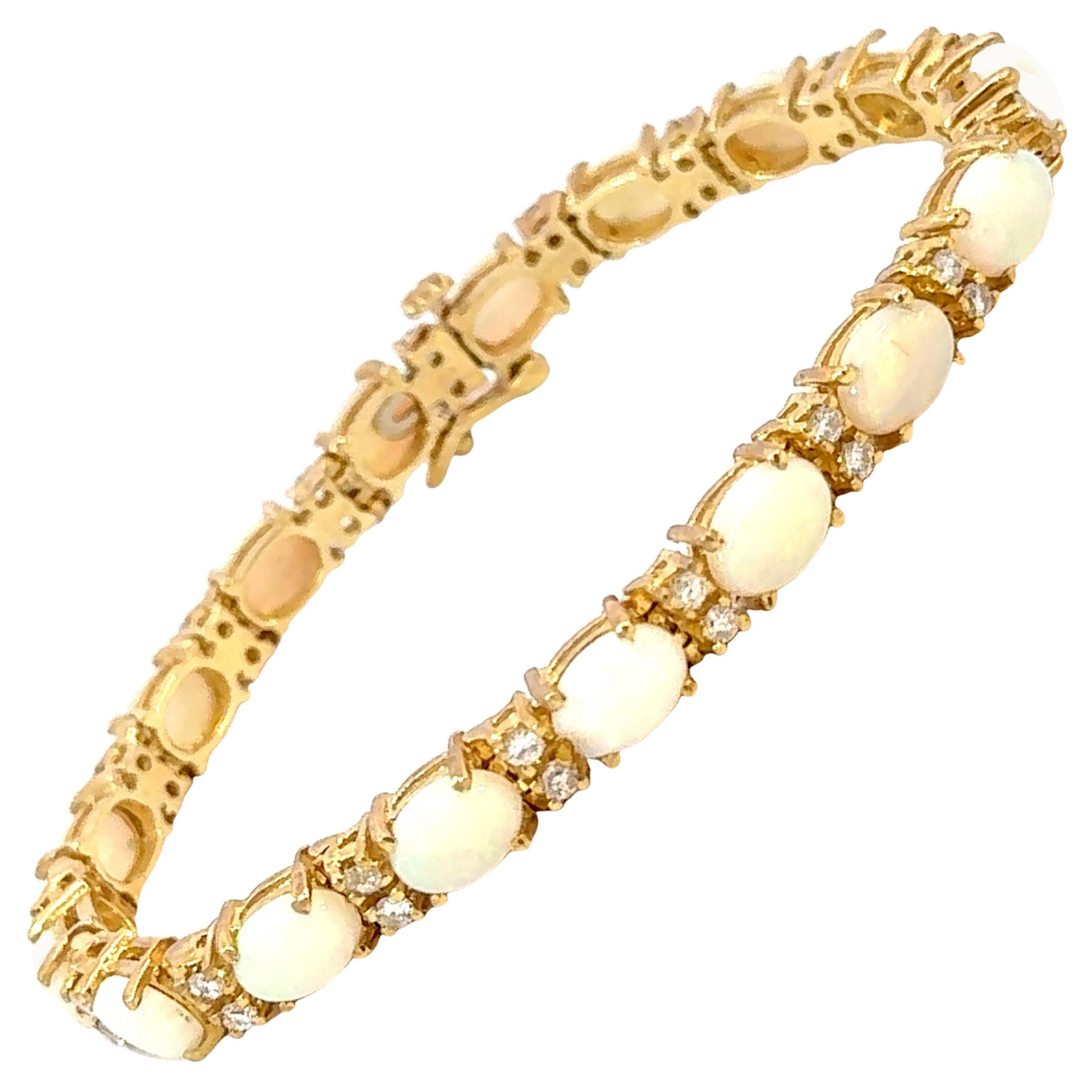 14k Yellow Gold Diamond and Opal Tennis Bracelet For Sale