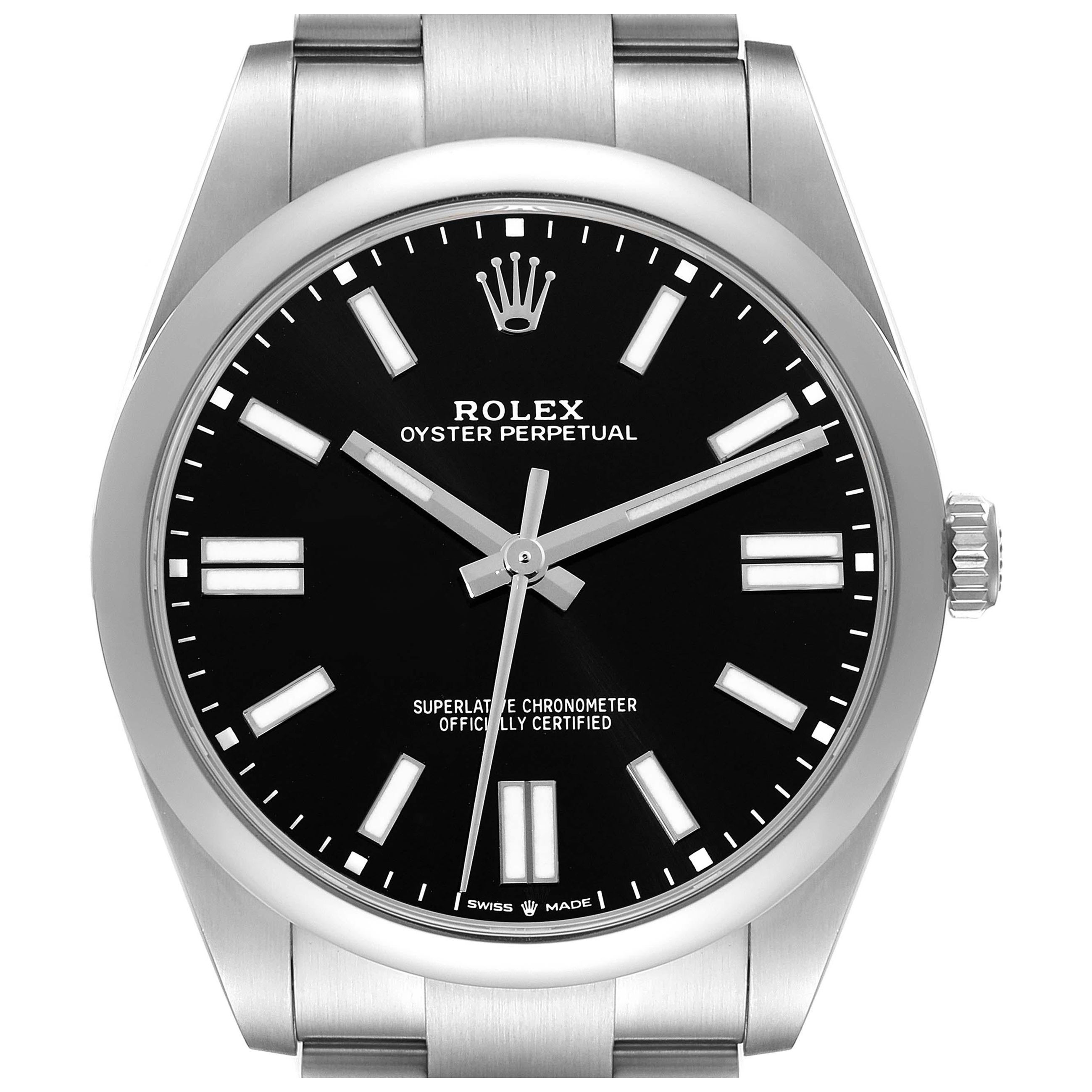 Rolex Oyster Perpetual 41mm Schwarzes Zifferblatt Stahl Herrenuhr 124300 Box Card im Angebot