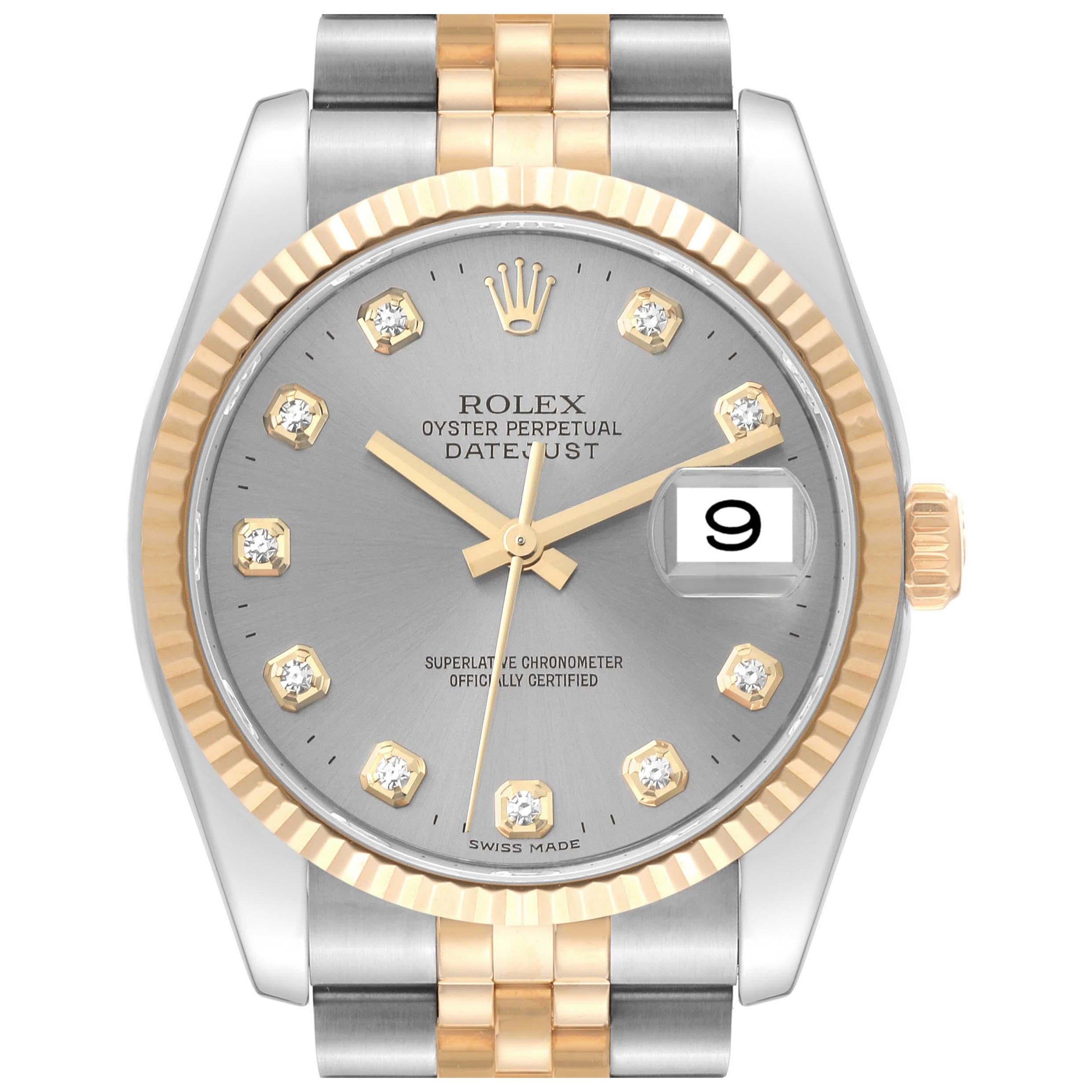 Rolex Datejust Steel Yellow Gold Diamond Dial Mens Watch 116233 Box Papers
