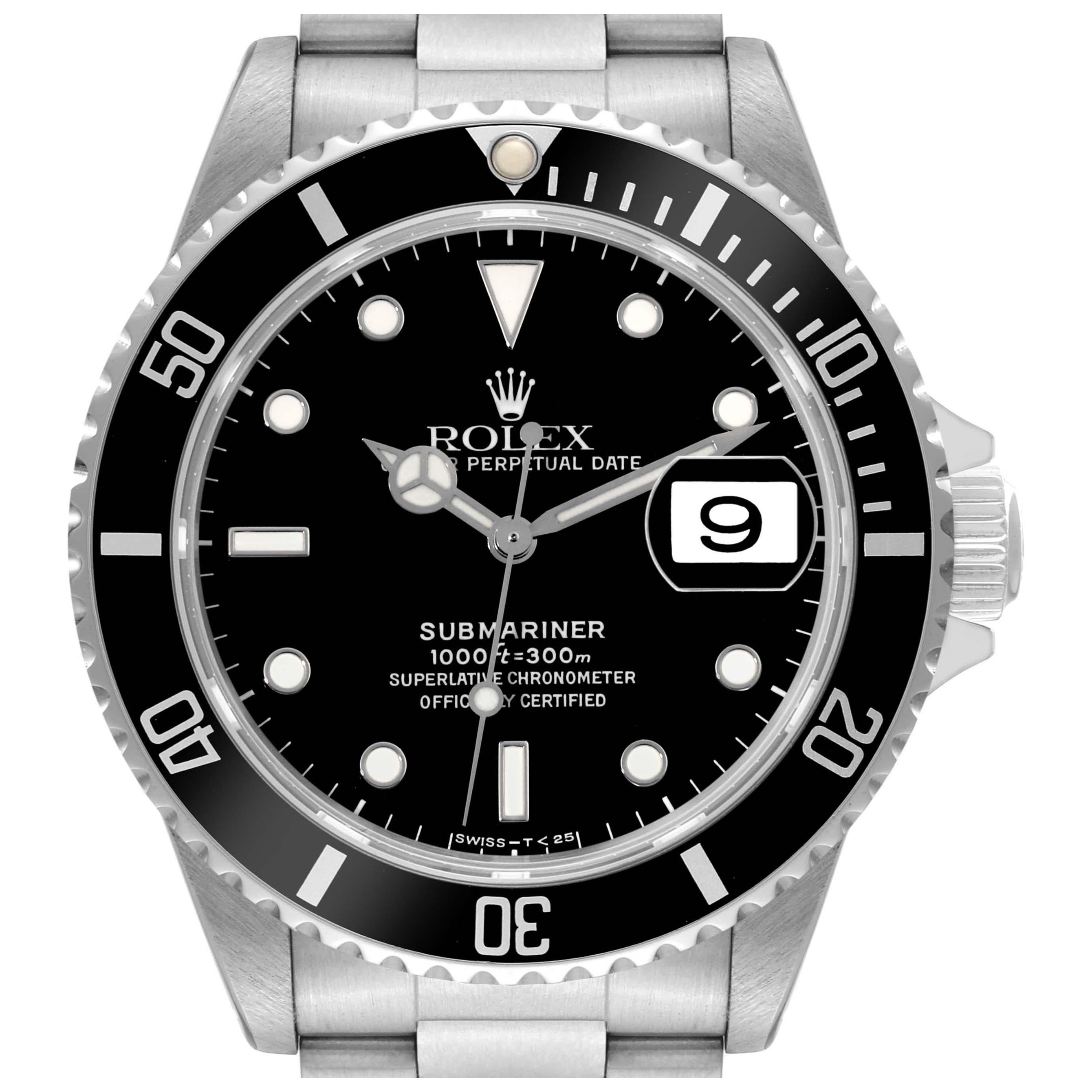 Rolex Submariner Date Black Dial Steel Mens Watch 16610 Box Papers