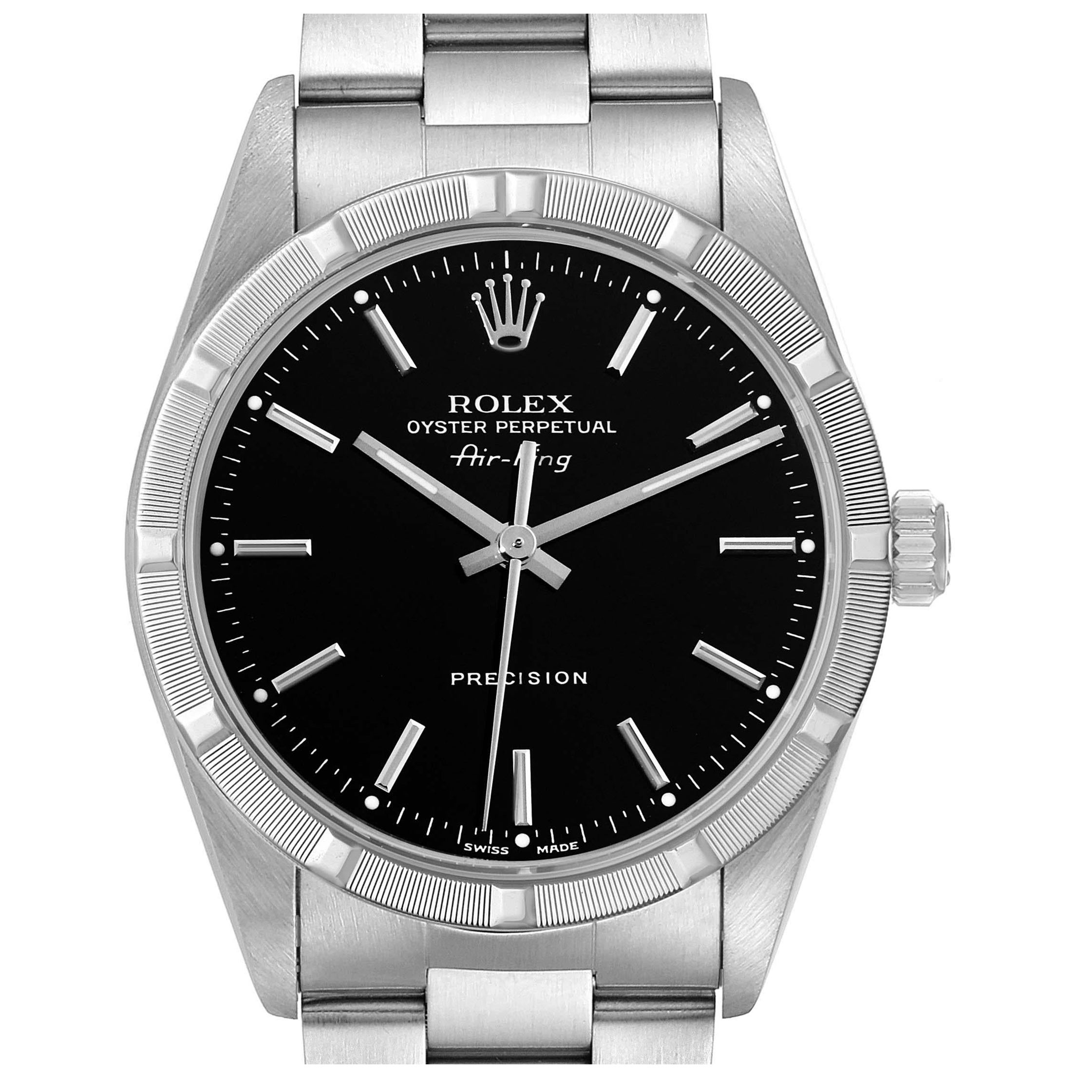 Rolex Air King Engine Turned Bezel Black Dial Steel Mens Watch 14010