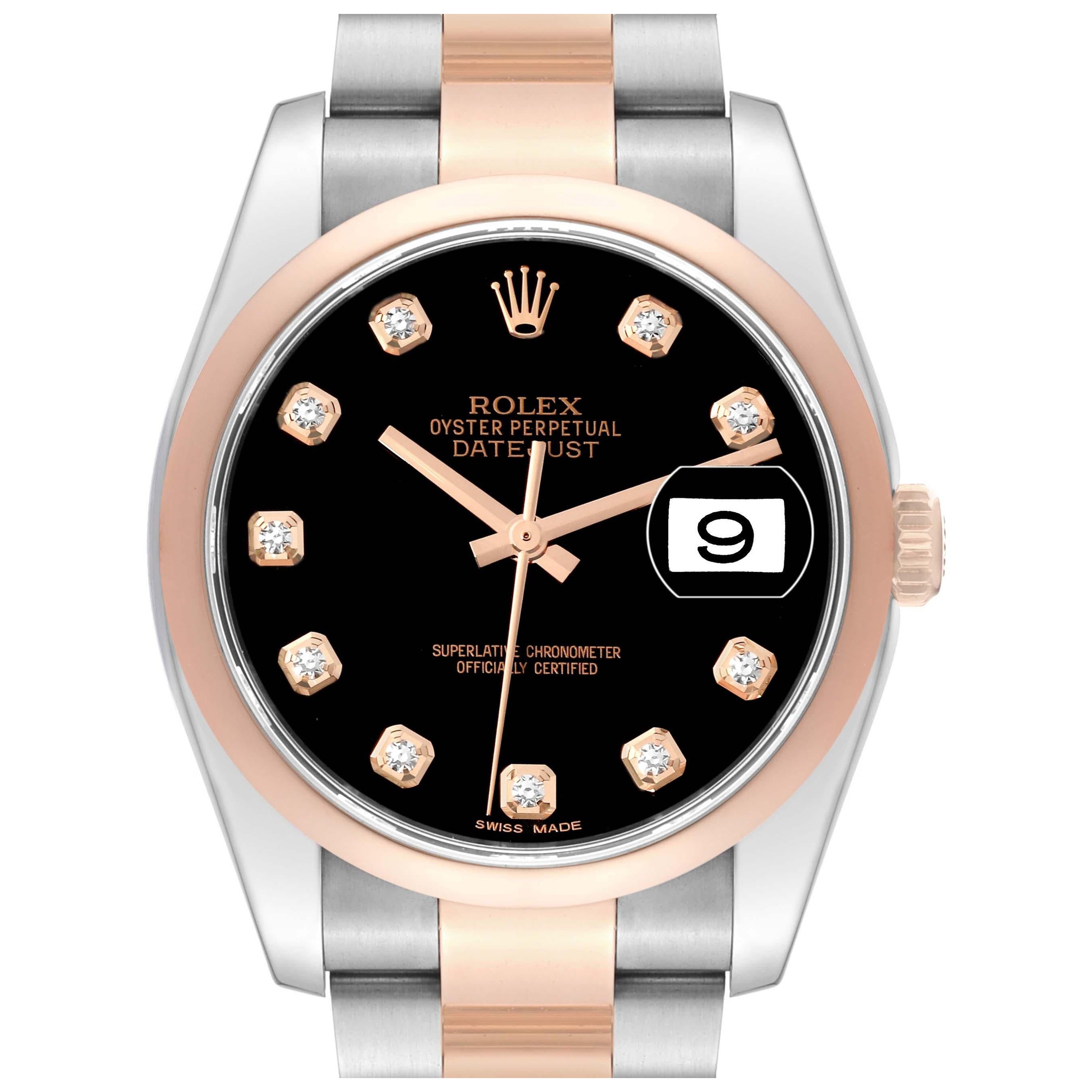 Rolex Datejust 36 Steel Rose Gold Black Diamond Dial Mens Watch 116201 en vente