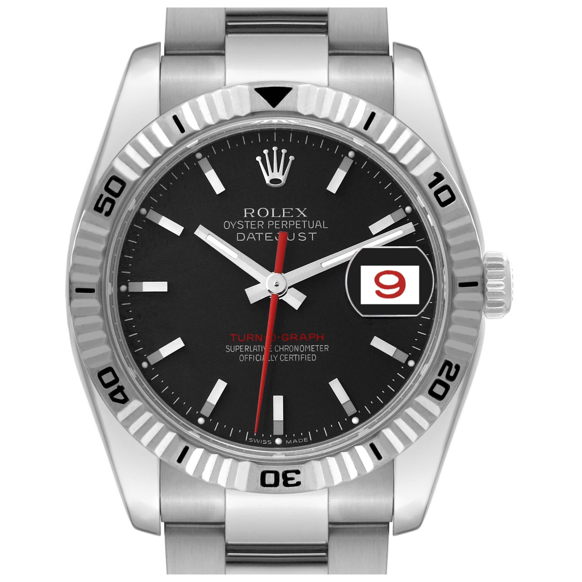Rolex Datejust Turnograph Black Dial Steel Mens Watch 116264