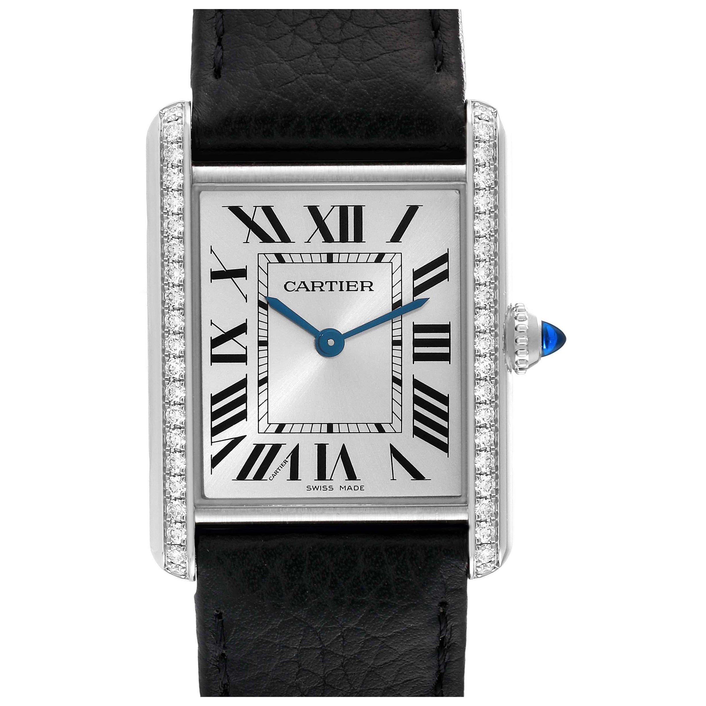 Cartier Tank muss große Stahl Silber Zifferblatt Diamant Damenuhr W4TA0017 Box-Karte im Angebot