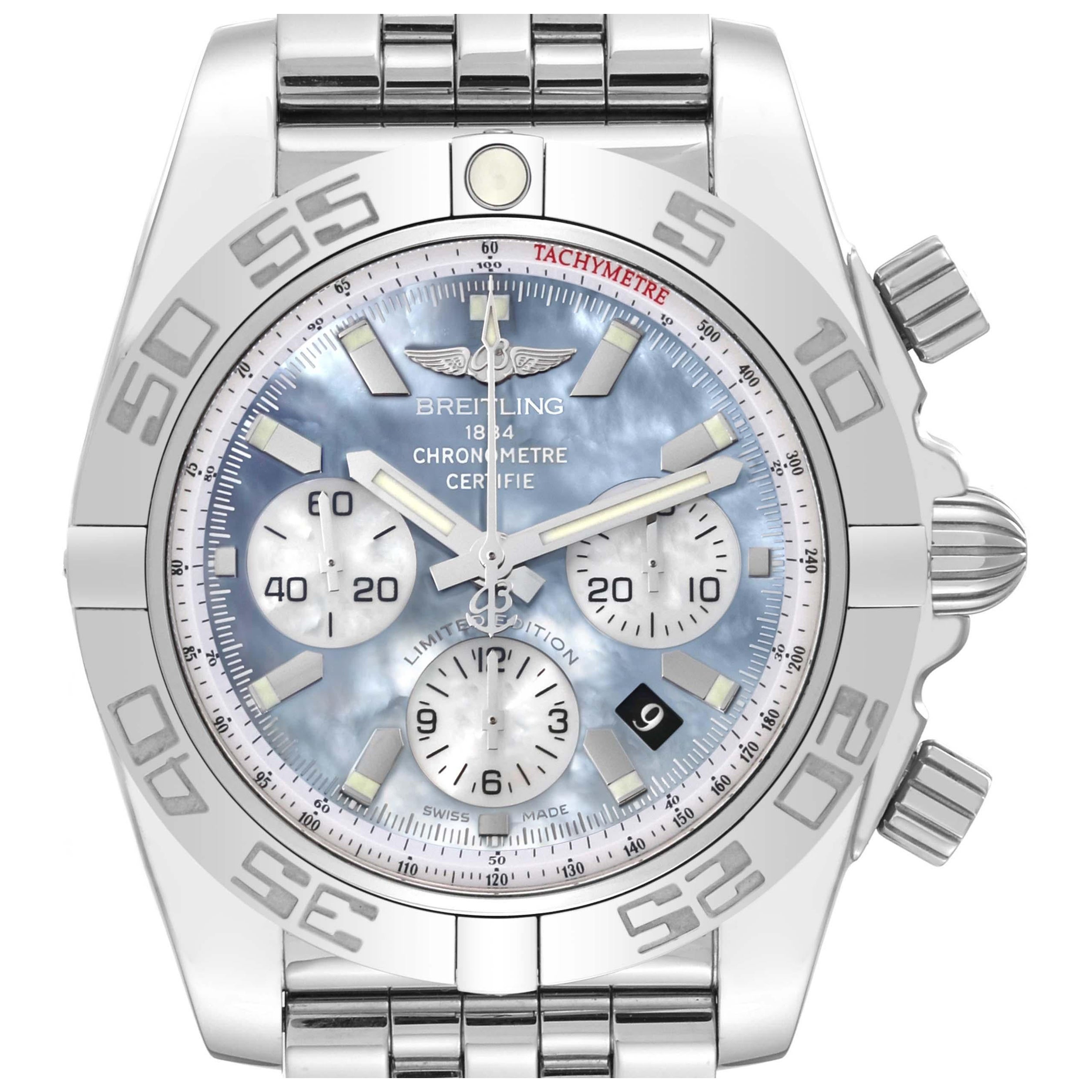 Breitling Chronomat 01 Blue Mother of Pearl Steel Mens Watch AB0110 Box Card For Sale