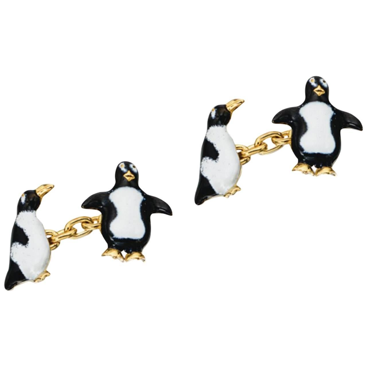White and Black Enamel Gold Penguin Cufflinks