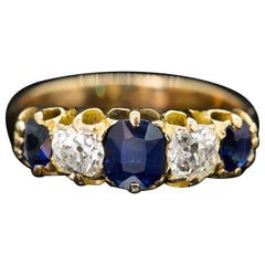 Antique Edwardian Sapphire & Diamond Half Hoop Ring Circa 1900s
