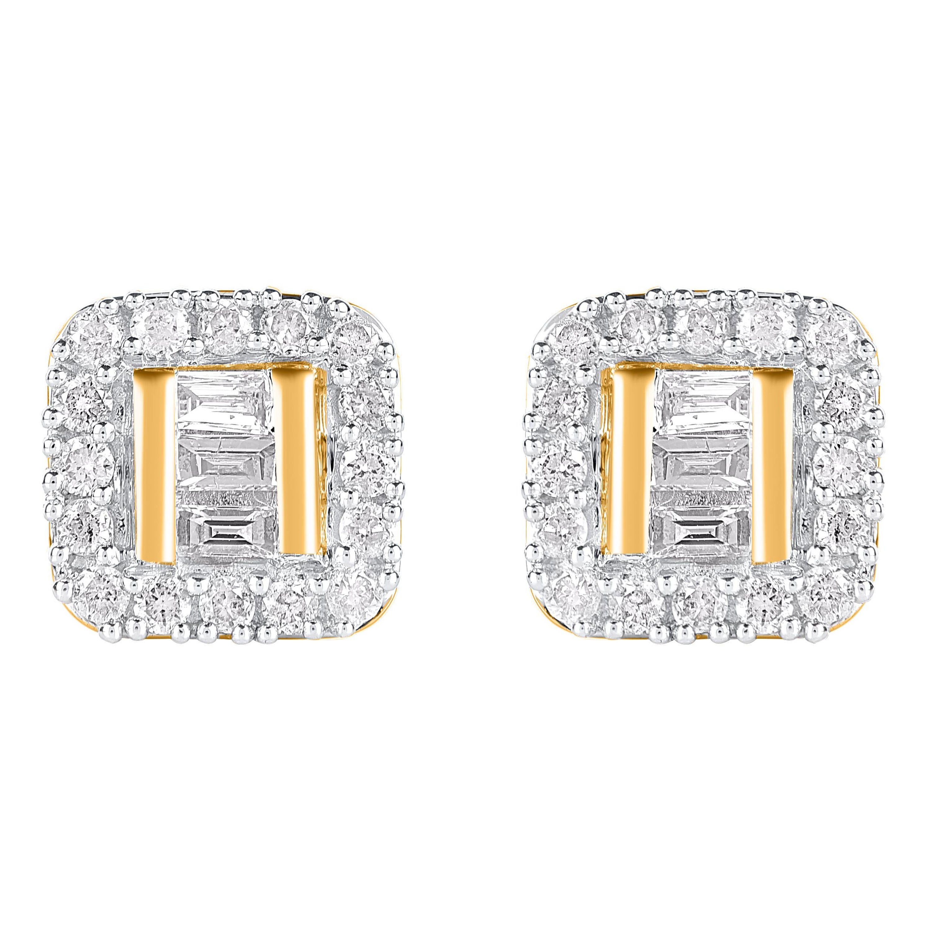 Clous d'oreilles Halo en or jaune 14 carats avec diamants baguettes et ronds de 0,25 carat TJD