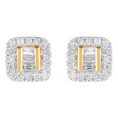 TJD 0.25 Carat Baguette and Round Diamond 14KT Yellow Gold Halo stud earrings