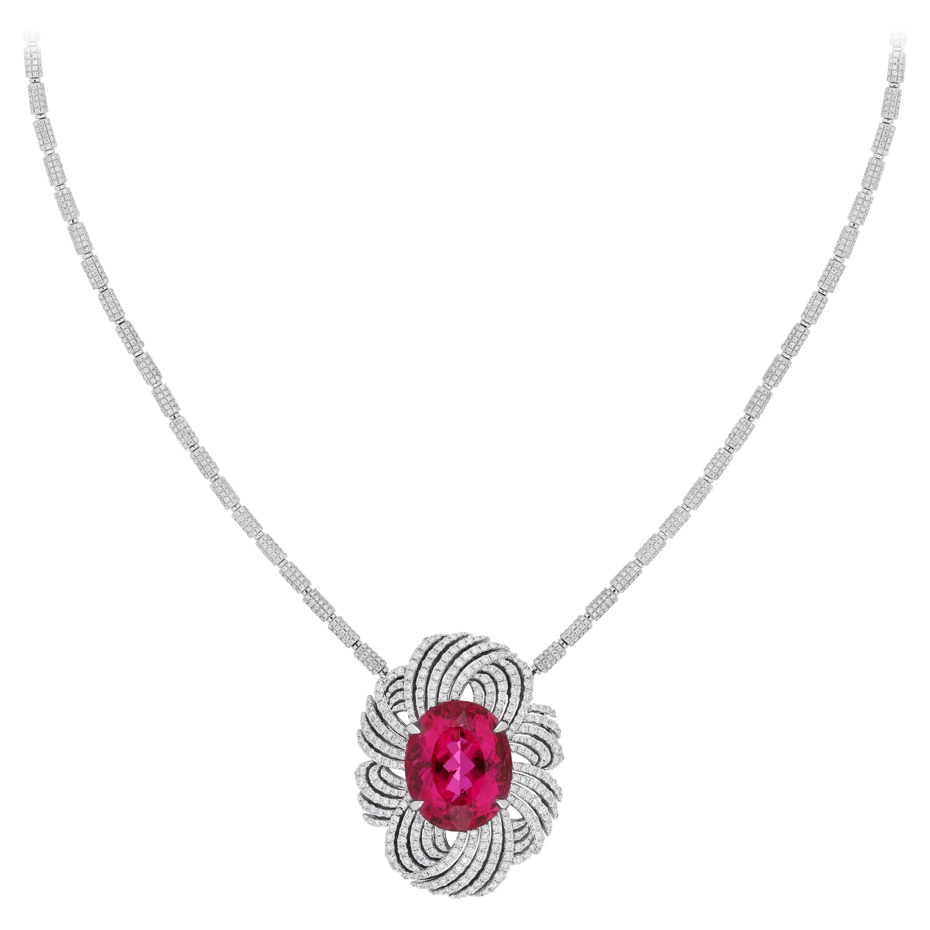 One of a Kind 22 Carat Rubellite and Diamond Necklace in 18K White Gold For Sale