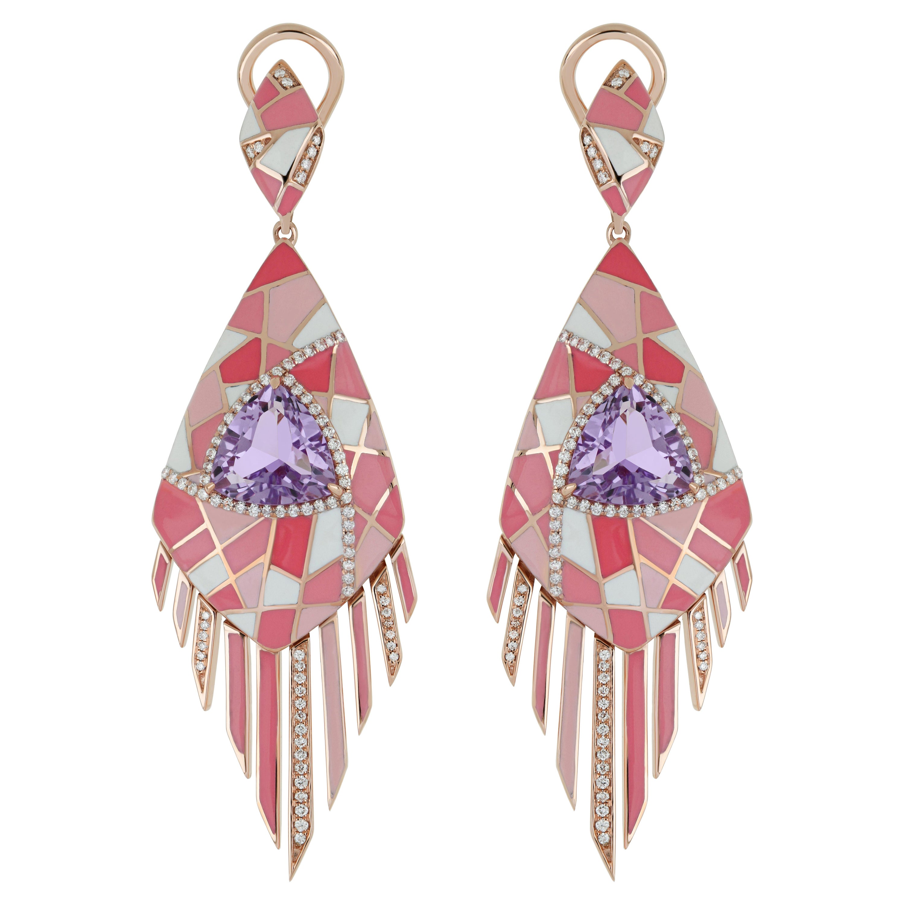 4.2 CT's Pink Amethyst, & Diamond Studded Earrings in 14K Rose Gold