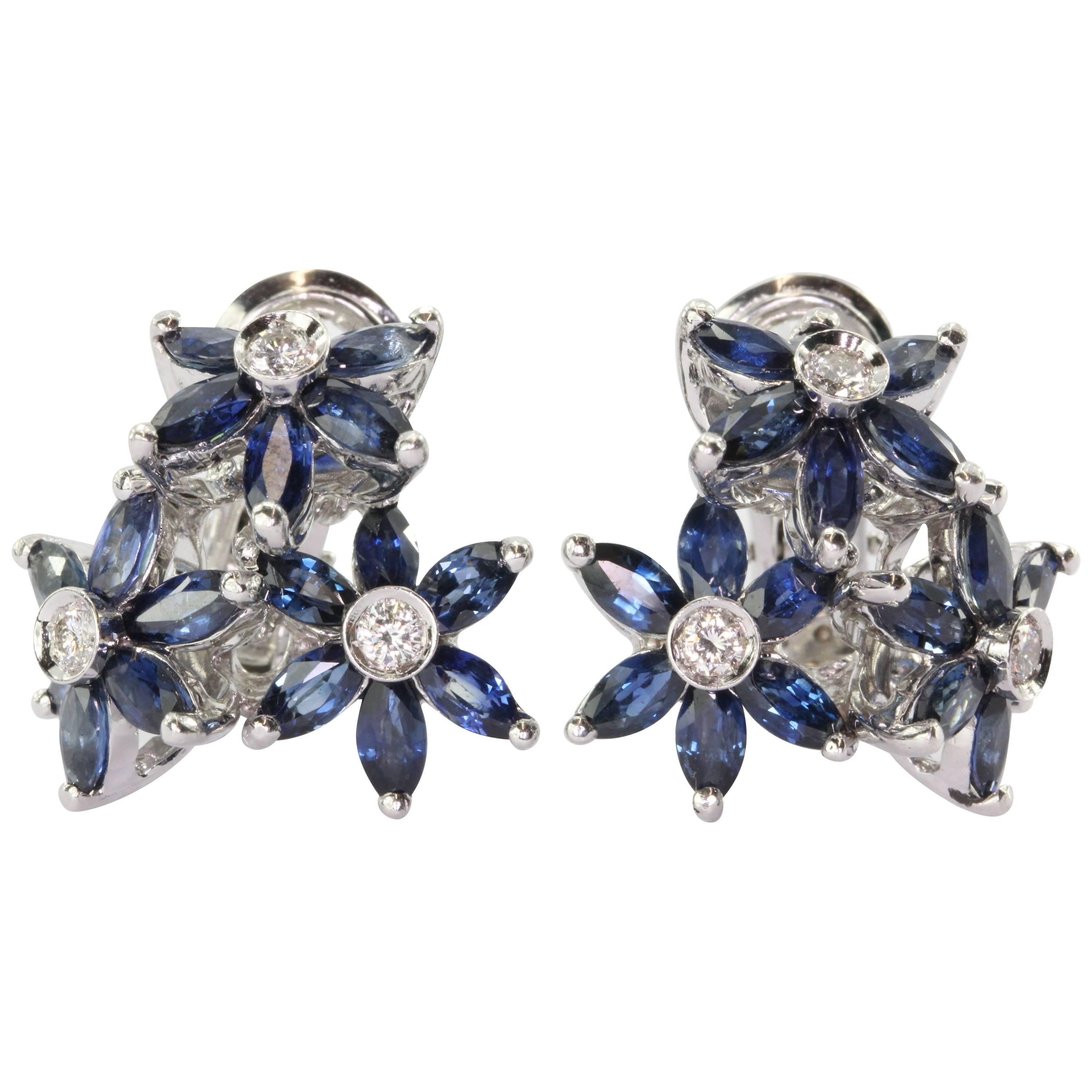 Natural Sapphire Diamond Gold Flower Earrings