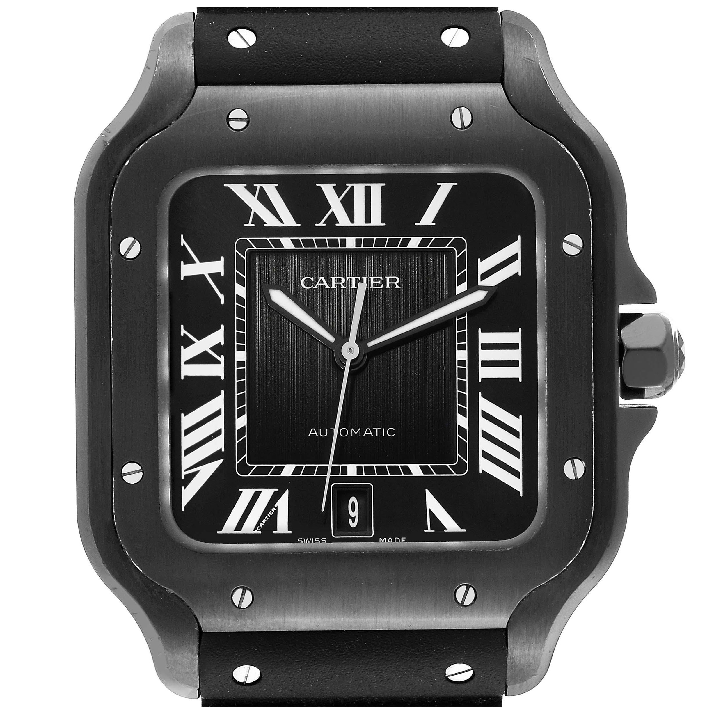 Cartier Santos Black Dial Rubber Strap Steel Mens Watch WSSA0039 Box Card For Sale