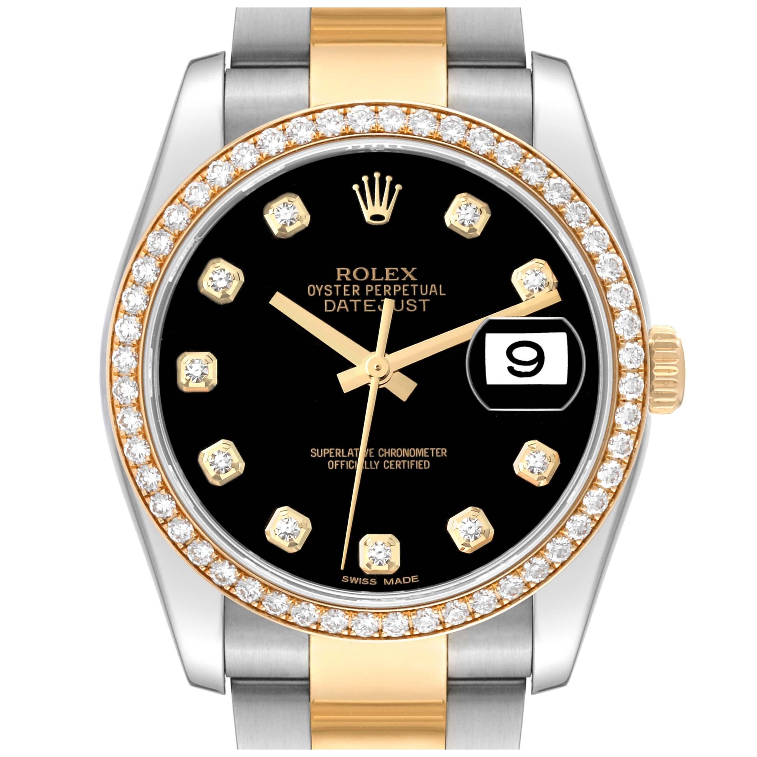 Rolex Datejust Black Dial Steel Yellow Gold Diamond Men's Watch 116243