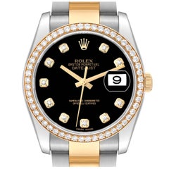 Used Rolex Datejust Black Dial Steel Yellow Gold Diamond Men's Watch 116243