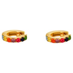  Rainbow Gemstone 14k Gold Huggy Hoop Earrings