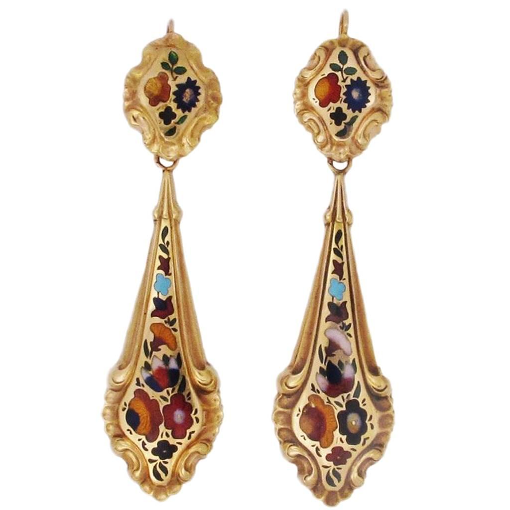 Pair of French Antique Gold and Enamel Drop Earrings For Sale