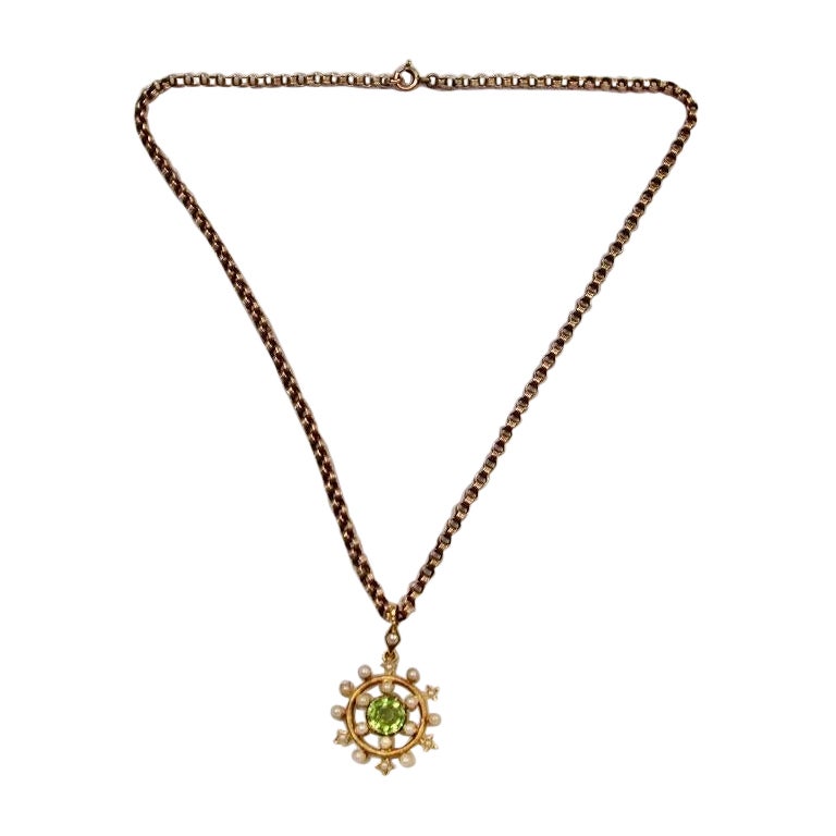 Antique 15ct Gold Peridot & Pearl Pendant on Antique 9ct Gold Chain Circa 1900 For Sale