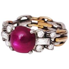 Art Deco Star Ruby Diamond Flexible Gold Ring