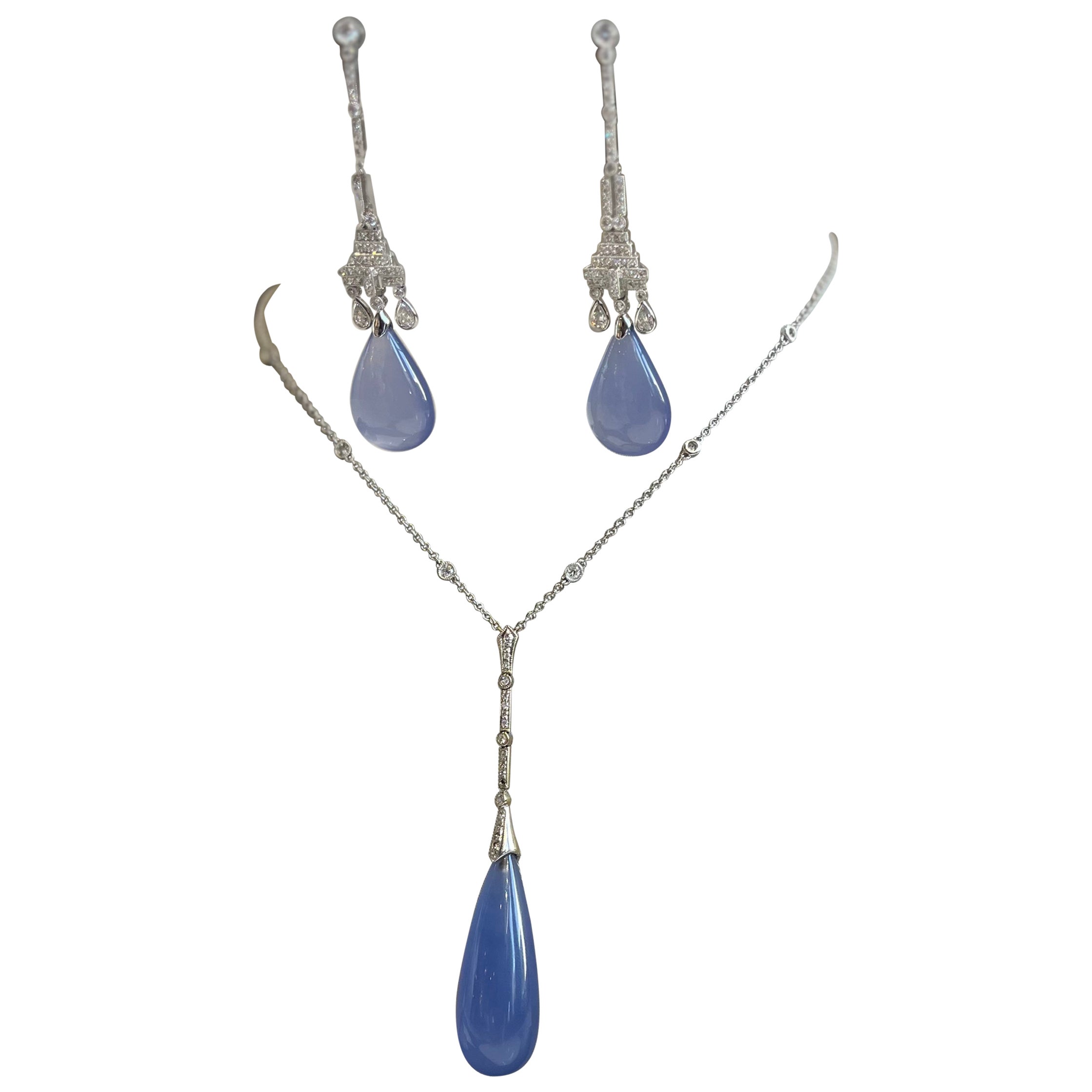 Chalcedony & Diamond Earrings and Necklace Set in 18k White Gold For Sale