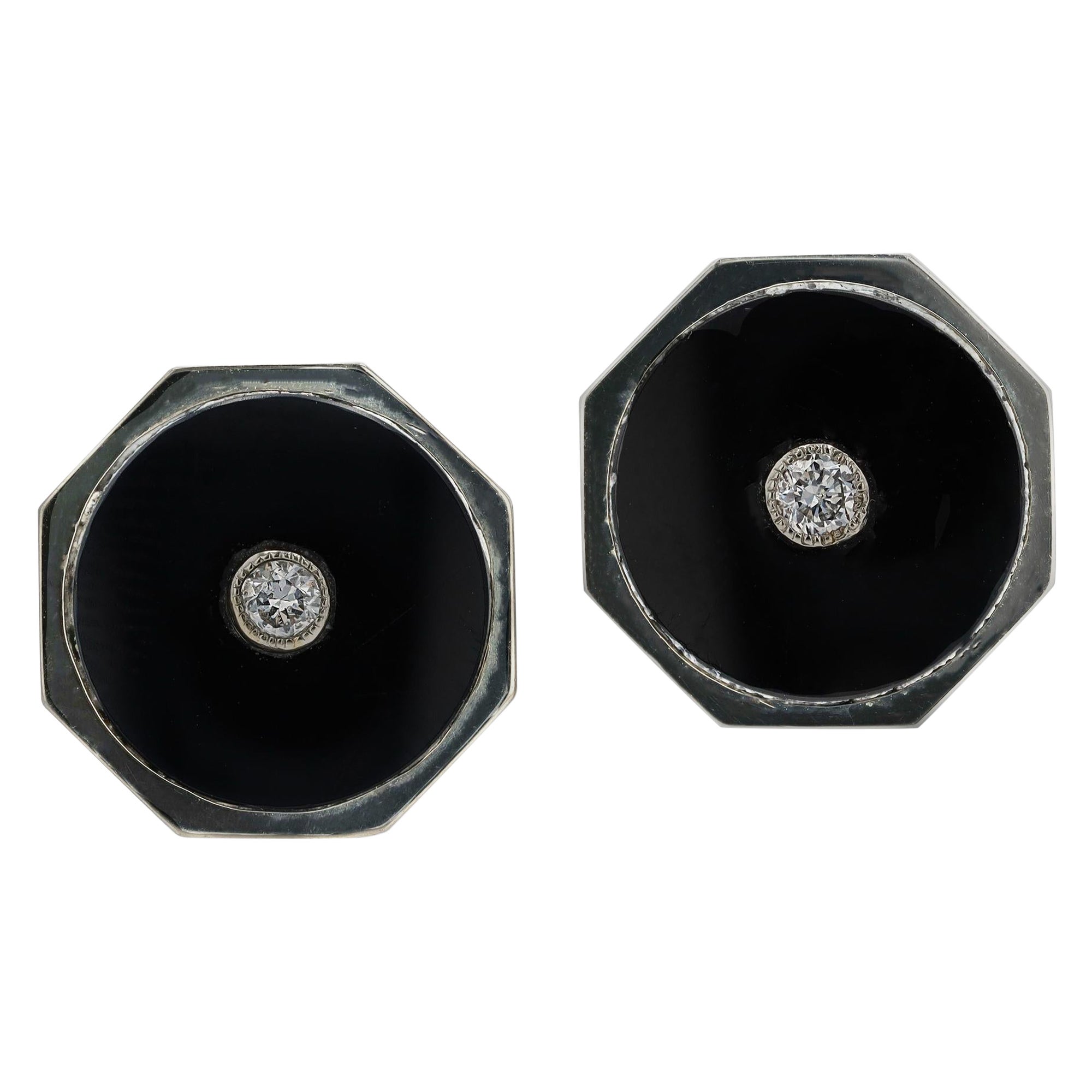 Vintage Art Deco 18k White Gold, Black Onyx and Diamond Octagon Earrings For Sale