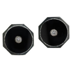 Vintage Art Deco 18k White Gold, Black Onyx and Diamond Octagon Earrings