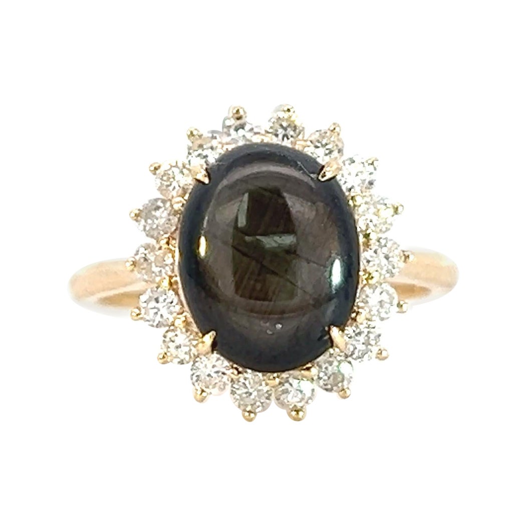 Rare Exclusive 14k Yellow Gold 3.39 crt Black Star Sapphire .51 crt Diamond ring For Sale