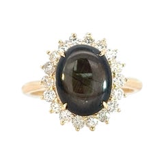 Rare bague exclusive en or jaune 14k 3.39 crt Black Star Sapphire .51 crt Diamond ring