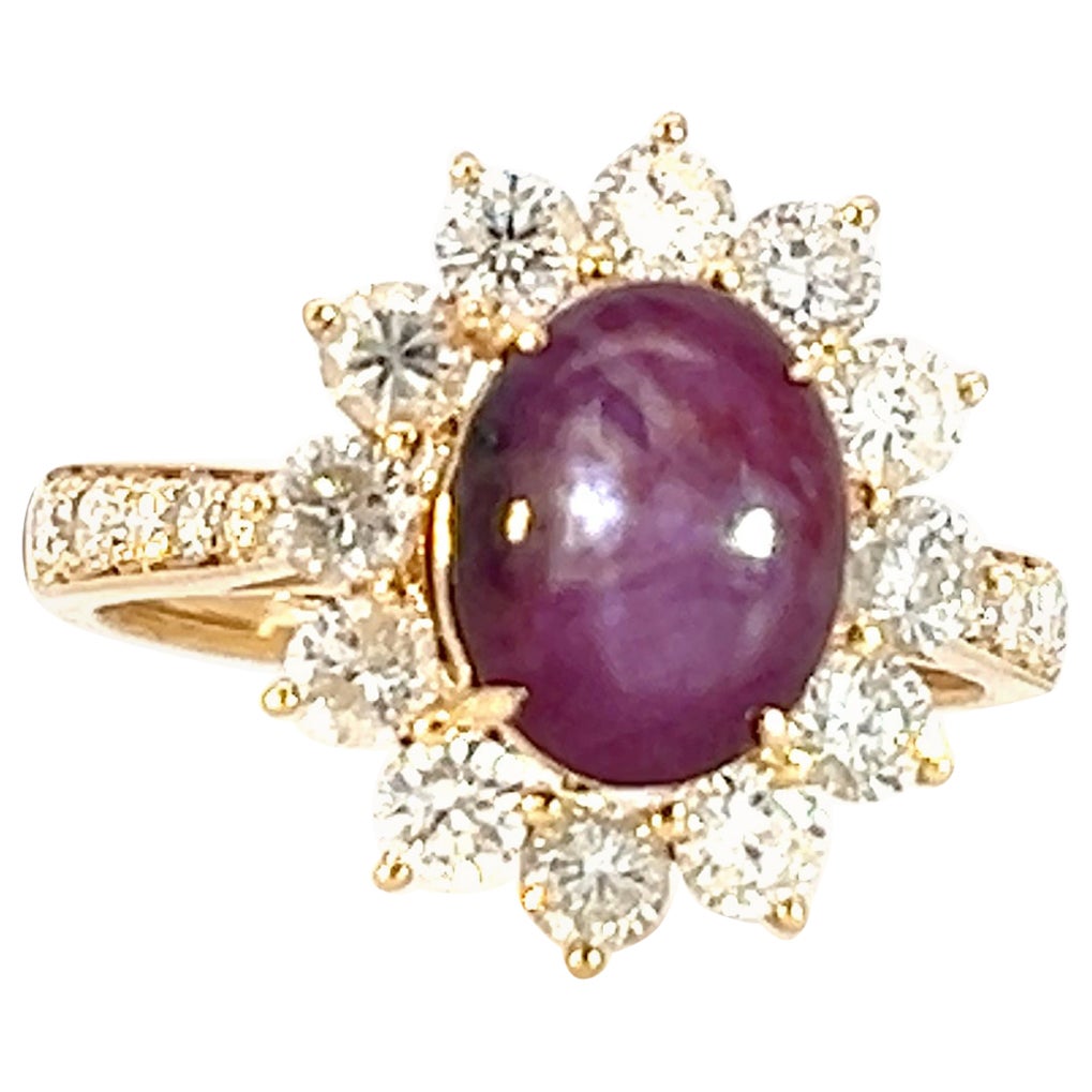 Rare Exclusive 14k Yellow 3.2 crt Red Ruby Star Sapphire 1.23 crt Diamond ring For Sale