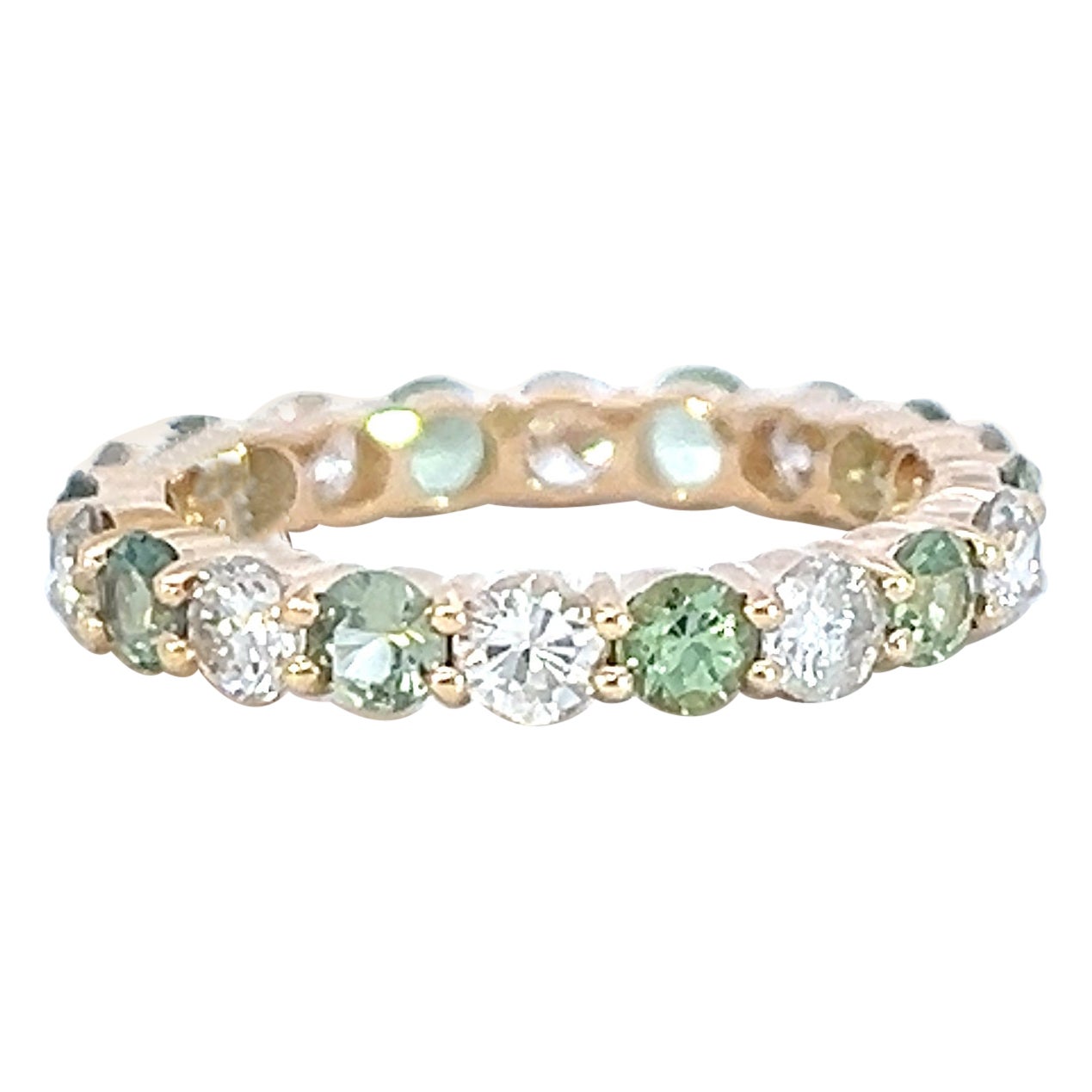 Classic 14k White 1.09 crt Diamond 1.35 Crt Green Sapphire Eternity Band Ring For Sale
