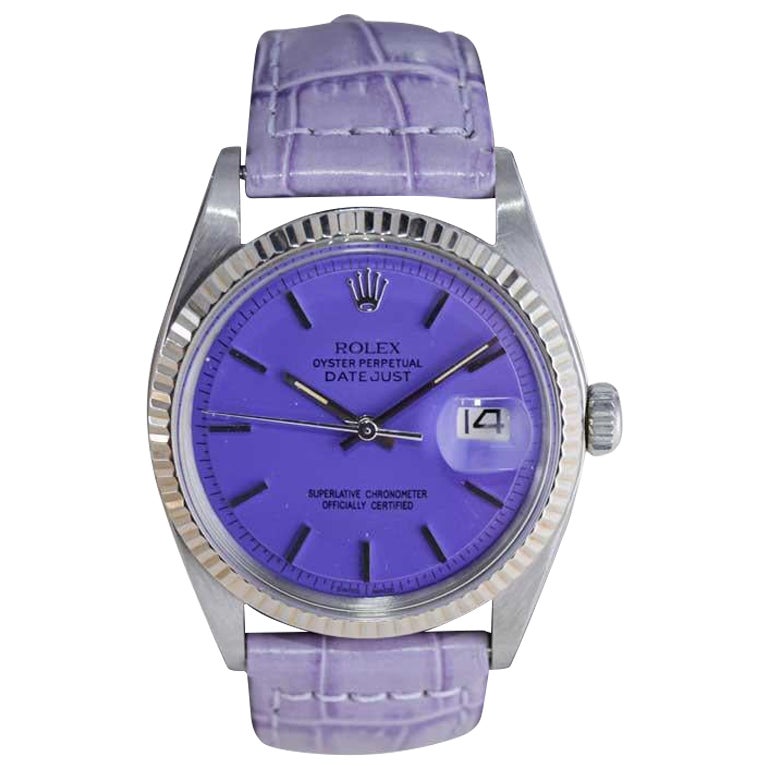 Rolex Stainless Steel Oyster Perpetual Datejust with Custom Purple Dial 1970's For Sale