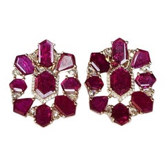 Set in 18K Gold, 21.78 carats, natural Mozambique Ruby & Diamonds Stud Earrings