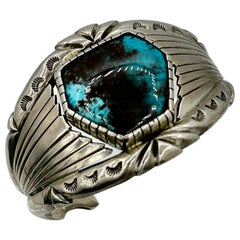 Used ANDREW ALVAREZ TURQUOISE CUFF BRACELET STERLING SILVER Native American