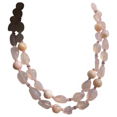 42" One of Kind Pink Chalcedony, Pink Peruvian Opals, and Tanzanite Necklace