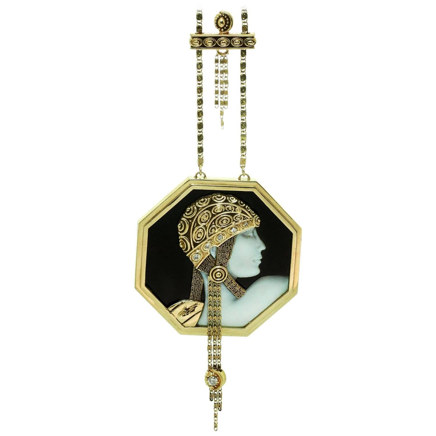 1979 Erte Aventurine Black Onyx Diamond Gold Cameo Pendant Necklace