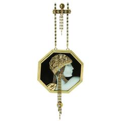 1979 Erte Aventurine Black Onyx Diamond Gold Cameo Pendant Necklace