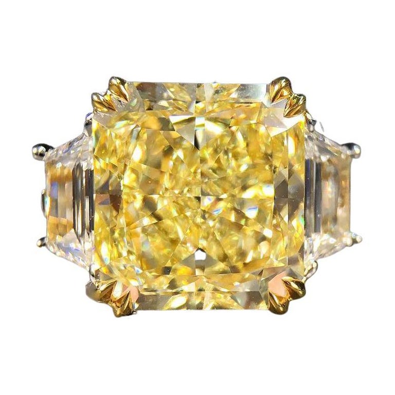 GIA Certified 10 Carat Radiant Fancy Yellow with Trapezoid Diamond For Sale