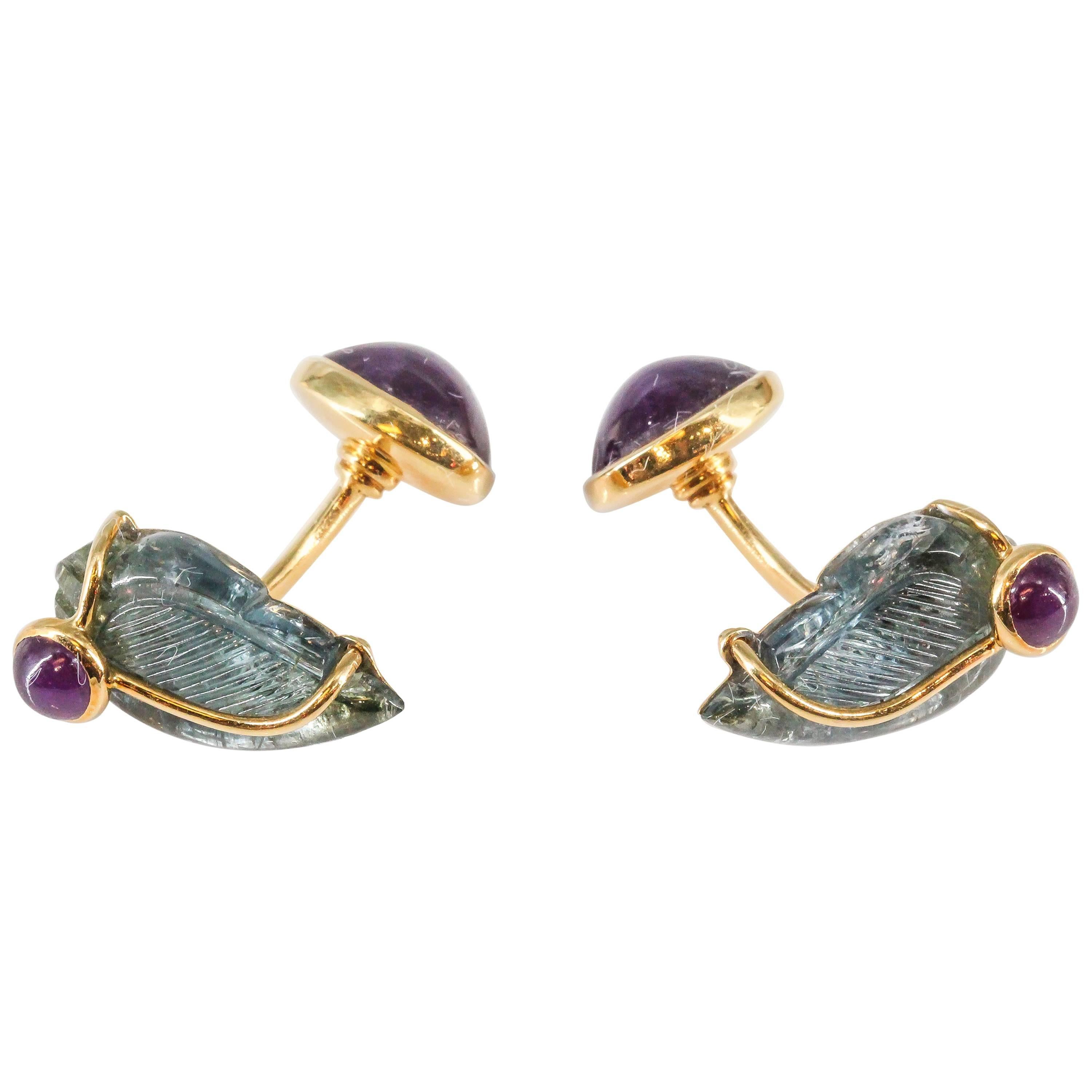 Seaman Schepps Ruby, Carved Aquamarine and Gold Cufflinks