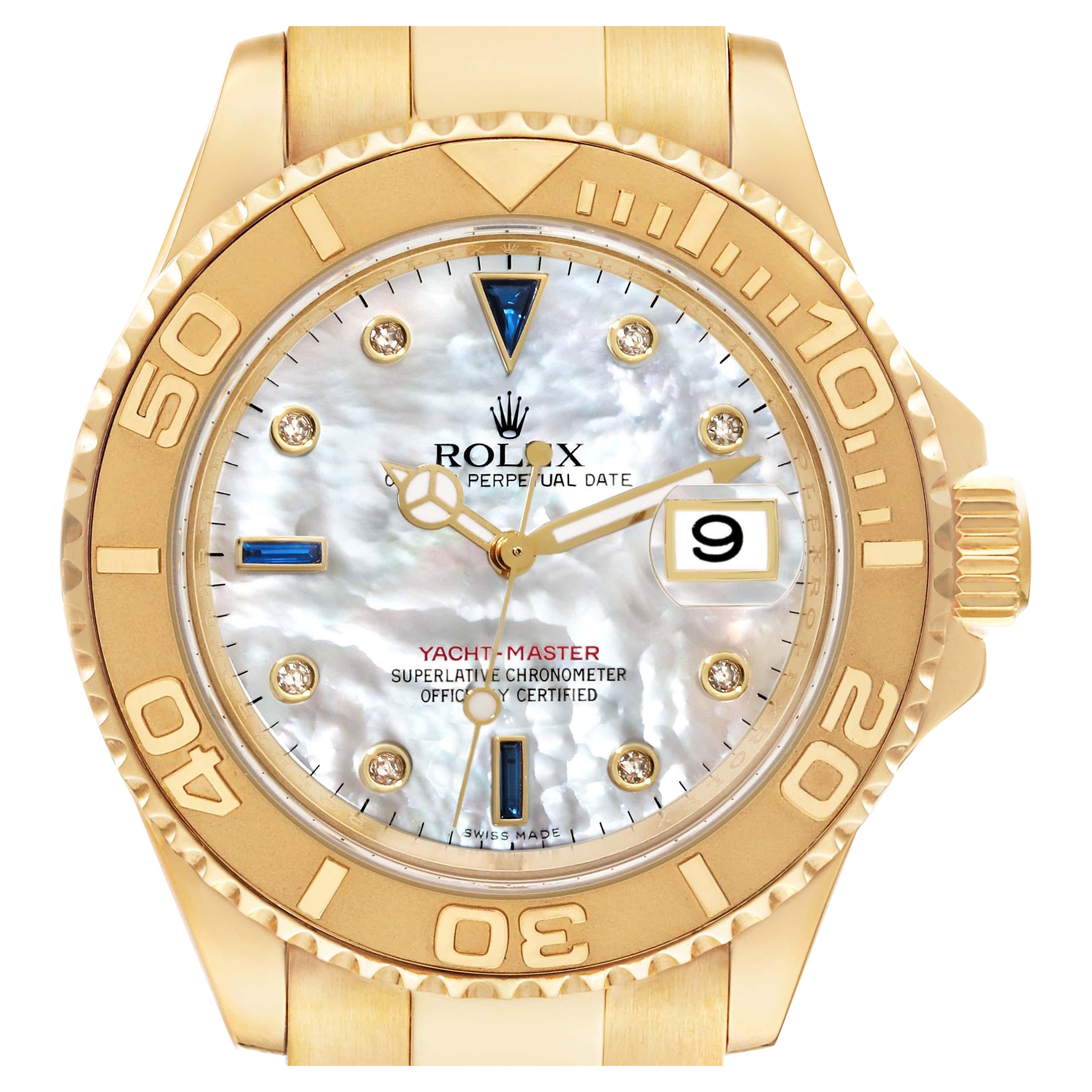 Rolex Yachtmaster Yellow Gold Mother of Pearl Diamond Sapphire Serti Mens Watch For Sale